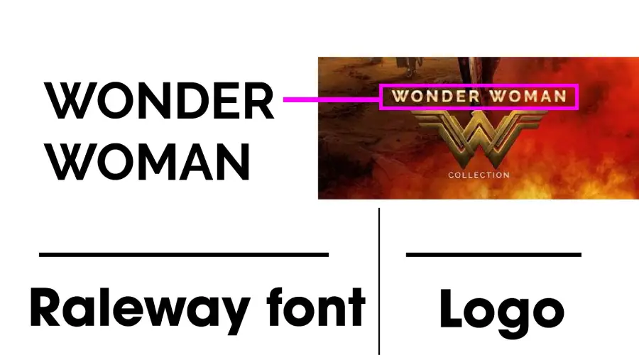 Wonder Woman movie logo vs Raleway font similarity example